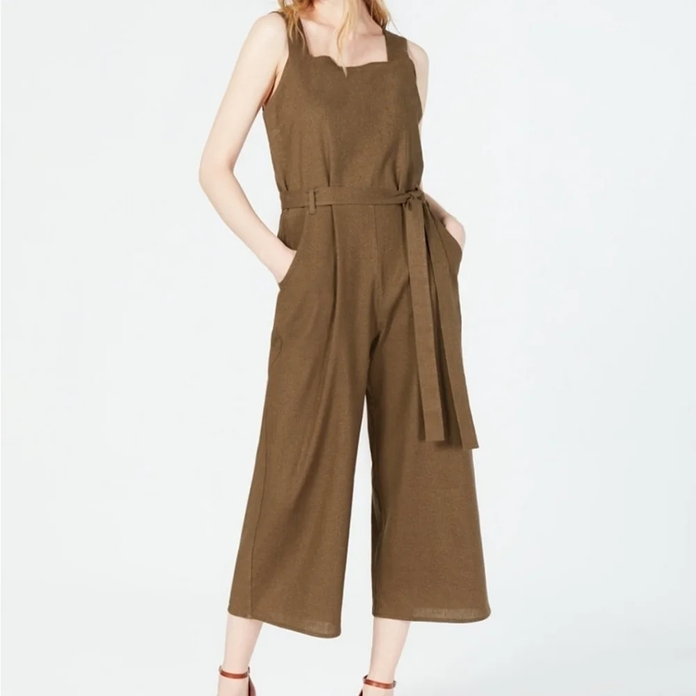 Monteau Black Linen Rayon Blend Tie-Waist V-Cutout Back Cropped Jumpsuit Size L - Picture 9 of 11
